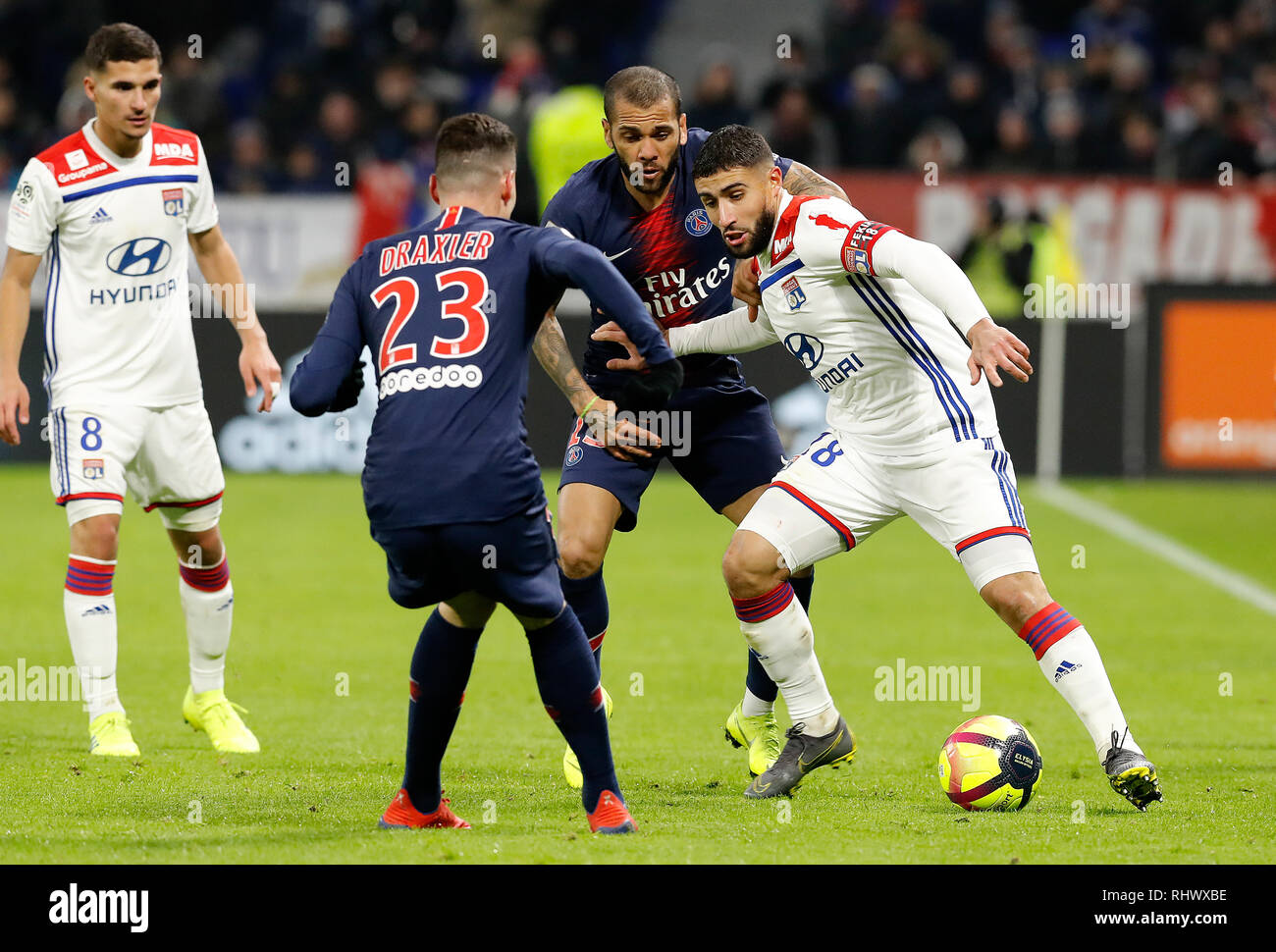 Lyon, France. 3rd Feb, 2019. Nabil Fekir of Lyon (1st R) competes during  the match of French Ligue 1 2018-19 season 23rd round match between Lyon  and Paris Saint-Germain in Lyon, France,