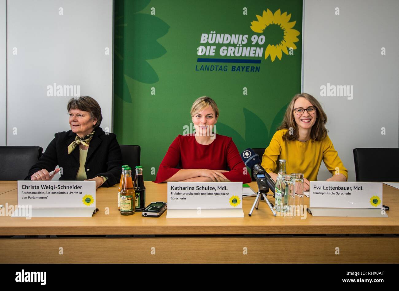 Munich, Bavaria, Germany. 4th Feb, 2019. Katharina Schulze, Eva Lettenbauer und women's rights advocate Christa Weigl-Schneider assembled a press conference in the Bavarian Landtag to discuss the ''žHalf of the Power Law' (Haelfte der Macht Gesetz) for Bayern, which would establish women as half of the power structure of Bavaria if passed. The trio also discussed mechanisms for increasing female participation in politics and in legislative roles. Credit: Sachelle Babbar/ZUMA Wire/Alamy Live News Stock Photo