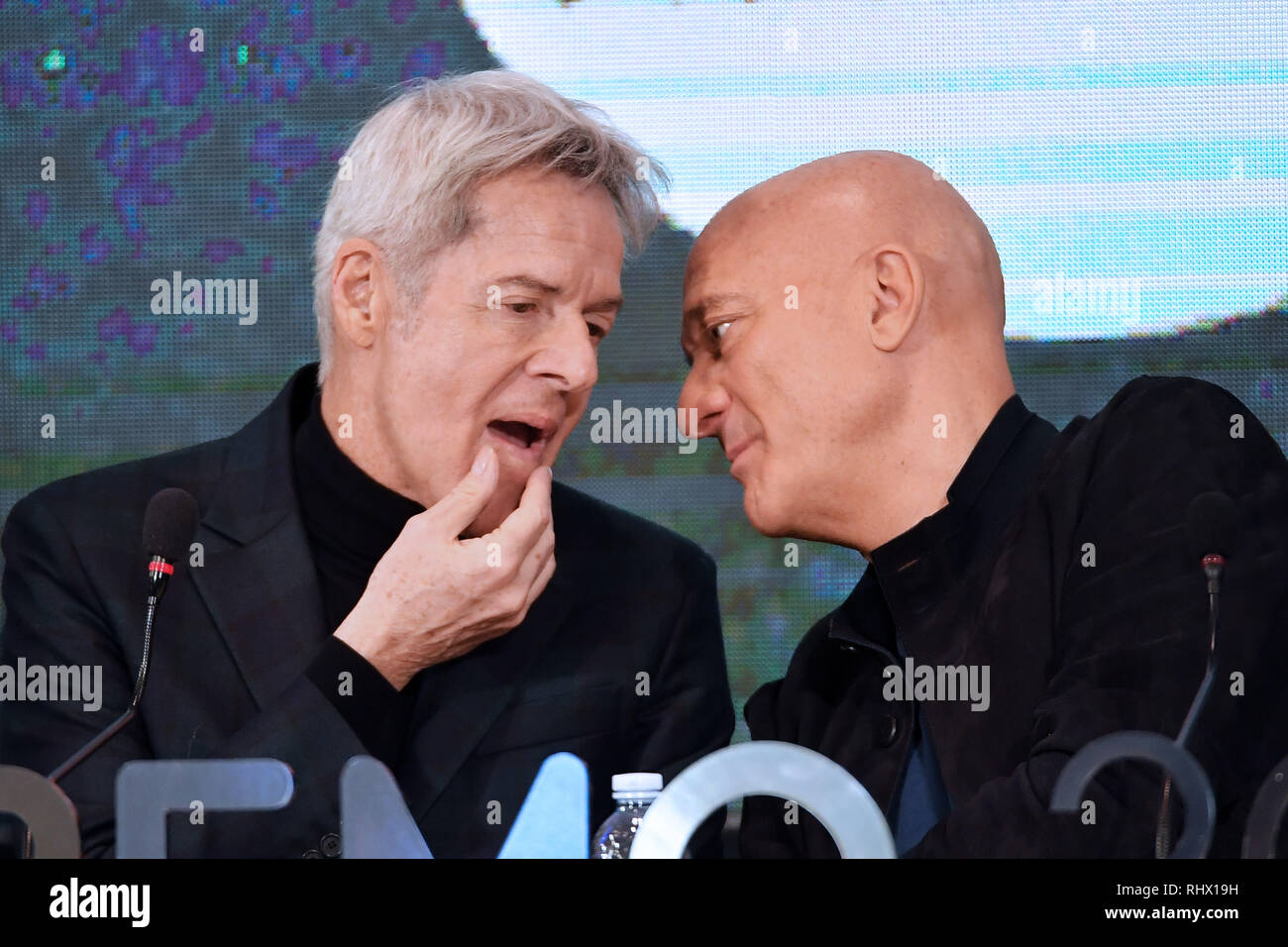 Gian Mattia D'Alberto / lapresse 04-02-2019 Sanremo IM Spettacolo 69mo Festival della canzone italiana Conferenza stampa organizzazione nella foto: Claudio Baglioni, Claudio Bisio Gian Mattia D'Alberto / lapresse 2019-02-04 Sanremo IM 69th Italian song festival Organization press conference in the photo: Claudio Baglioni, Claudio Bisio Stock Photo