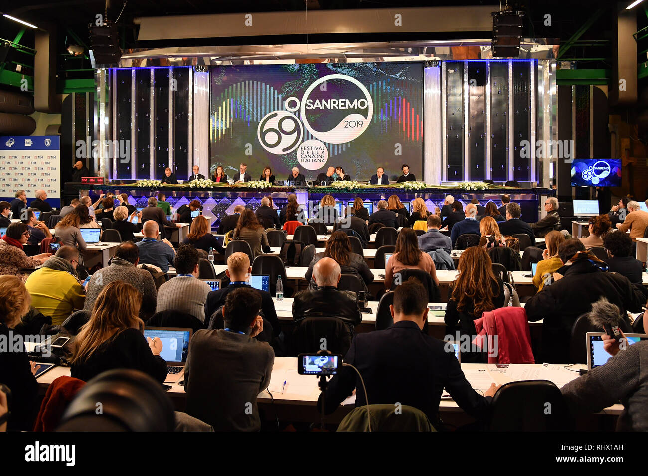 Gian Mattia D'Alberto / lapresse 04-02-2019 Sanremo IM Spettacolo 69mo Festival della canzone italiana Conferenza stampa organizzazione nella foto: Virginia Raffaele, Claudio Baglioni, Teresa de Sanctis, Claudio Bisio Gian Mattia D'Alberto / lapresse 2019-02-04 Sanremo IM 69th Italian song festival Organization press conference in the photo: Virginia Raffaele, Claudio Baglioni, Teresa de Sanctis, Claudio Bisio Stock Photo