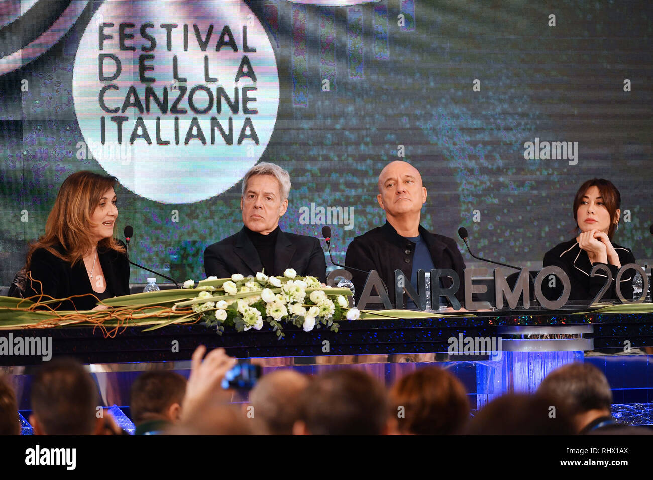 Gian Mattia D'Alberto / lapresse 04-02-2019 Sanremo IM Spettacolo 69mo Festival della canzone italiana Conferenza stampa organizzazione nella foto: Virginia Raffaele, Claudio Baglioni, Teresa de Sanctis, Claudio Bisio Gian Mattia D'Alberto / lapresse 2019-02-04 Sanremo IM 69th Italian song festival Organization press conference in the photo: Virginia Raffaele, Claudio Baglioni, Teresa de Sanctis, Claudio Bisio Stock Photo