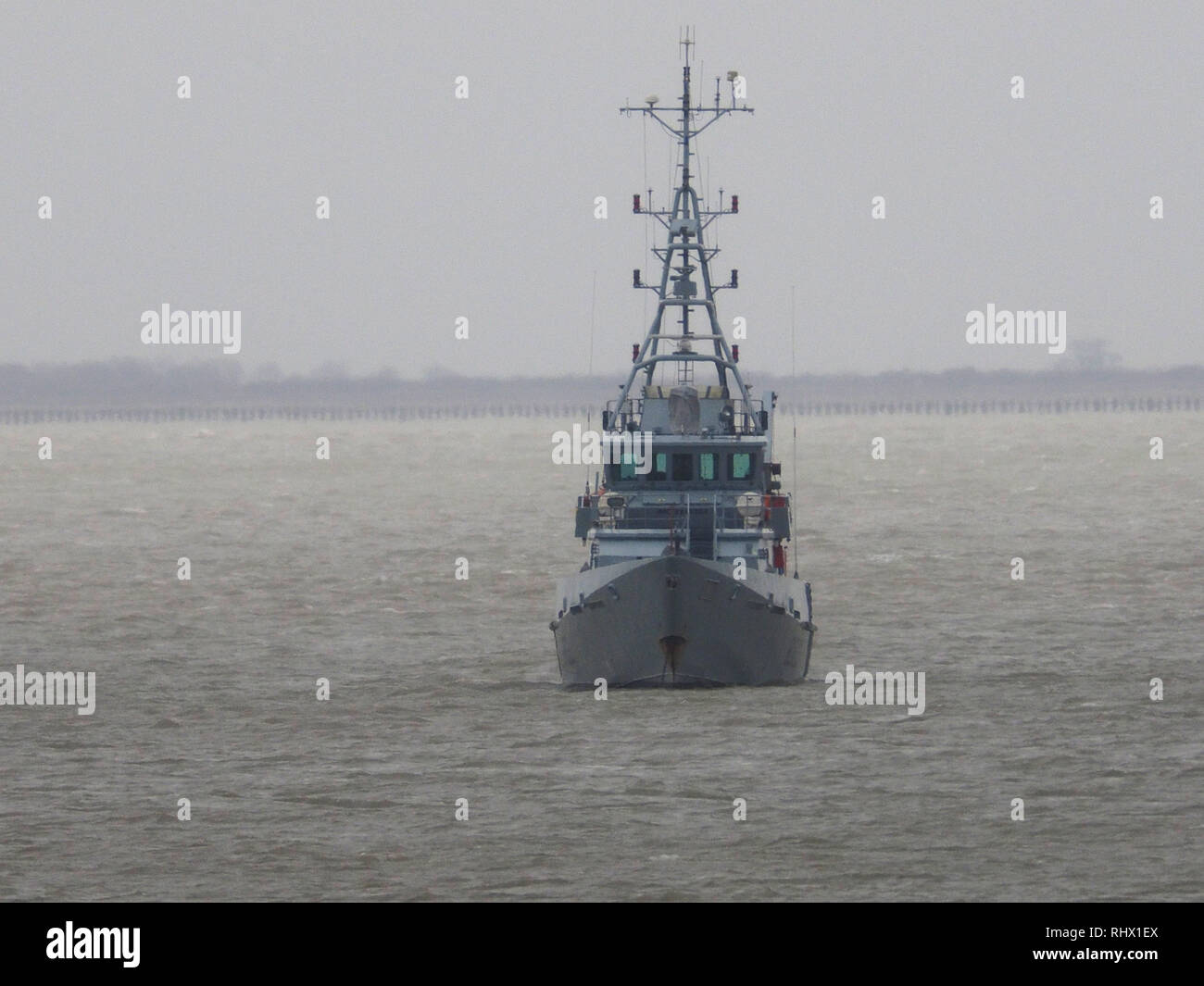 Sheerness, Kent, UK. 4th February, 2019. Border Force cutter HMC Vigilant anchored off Sheerness in Kent this morning. HMC Vigilant is one of four 42-metre (138 ft) cutters operated by the UK Border Agency. Credit: James Bell/Alamy Live News Stock Photo