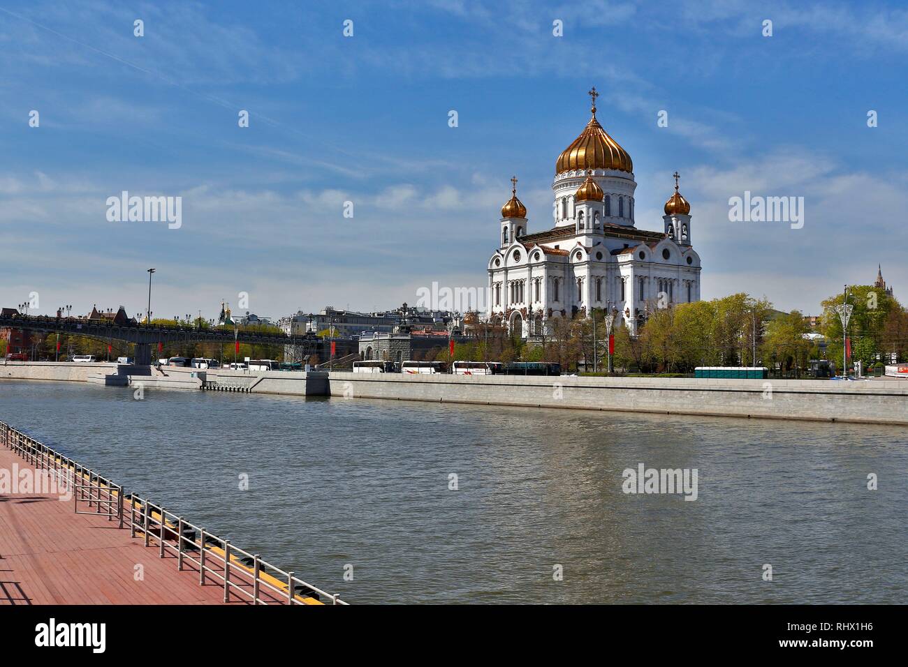 08.05.2015, the Christ the Savior Cathedral along the Moskva River in Moscow. It is considered the central place of worship of the Russian Orthodox Church and is one of the tallest Orthodox religious buildings in the world at 103 meters Stock Photo