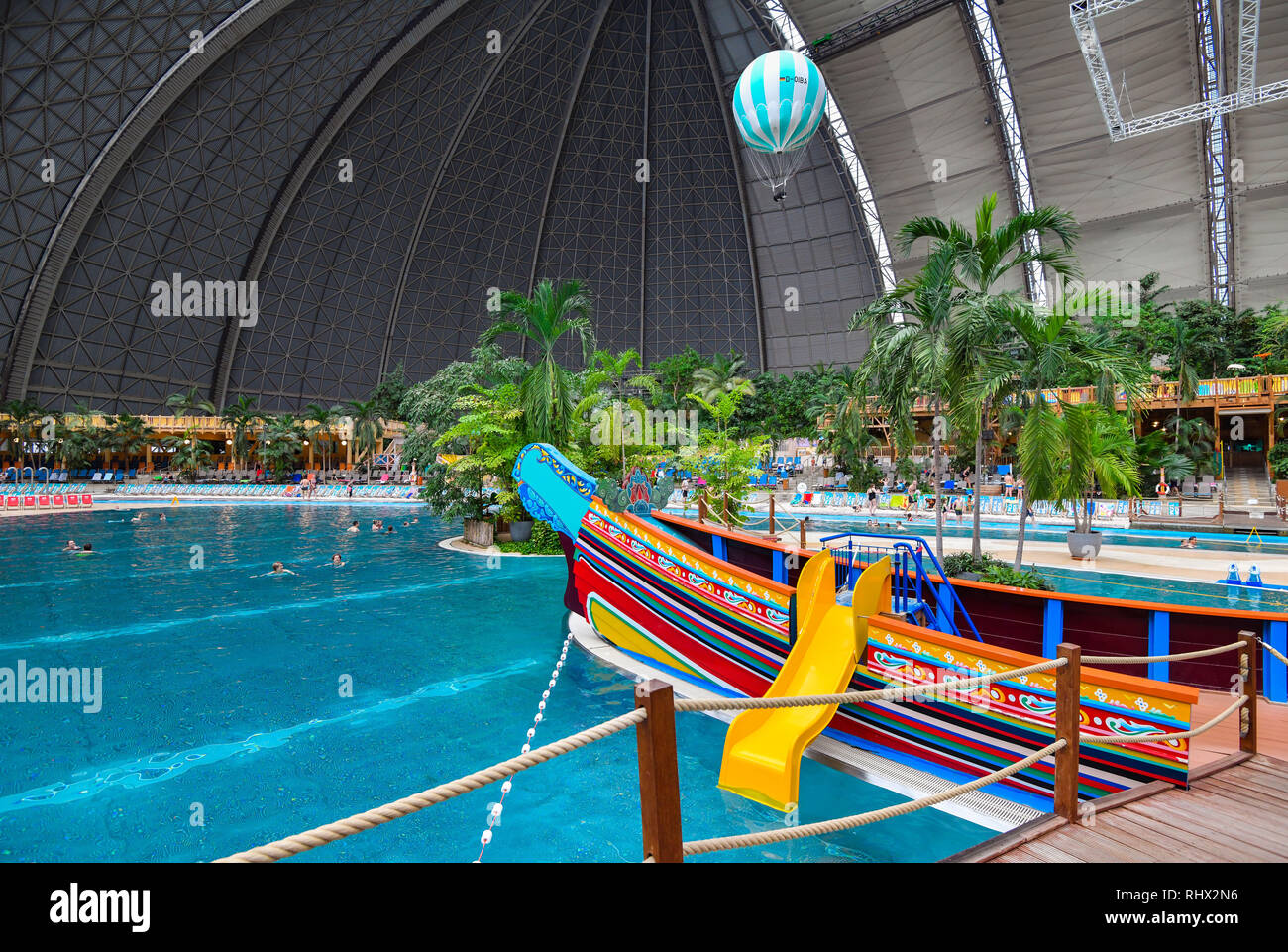 01 February 2019, Brandenburg, Krausnick: View into the tropical theme park of Tropical Islands. In 2018, around 1.2 million people visited the amusement park. Since 2004 it has been located in the former Cargolifter shipyard hall, which is considered the largest self-supporting hall in the world. Most of the visitors come from Germany, Poland, the Czech Republic, Denmark and the Netherlands. Tropical Island employs about 640 people. In addition, there are another 100 external employees. ATTENTION: For editorial use only in connection with reporting on Tropical Islands. Release exclusively for Stock Photo