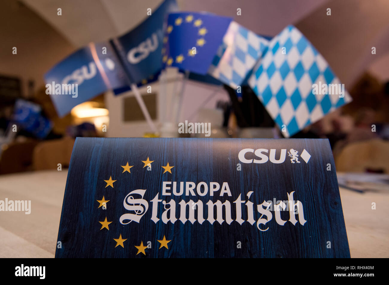 Tegernsee, Germany. 04th Feb, 2019. A sign with the inscription 'Europa Stammtisch' stands on a table before the beginning of an election campaign event of the CSU for the European elections. Weber (CSU), common top candidate of CSU, CDU and EVP, starts his 'listening tour' through whole Europe in Bavaria. He wants to hear from people what they expect from Europe. Credit: Sven Hoppe/dpa/Alamy Live News Stock Photo