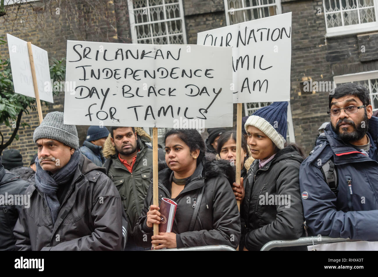 London, UK. 4th February 2019. Tamils protest outside the Sri Lanka High Commission, saying that his was a black day for Tamils in Sri Lanka. They demand the release of all political prisoners, an independent war crimes commission, information on the missing people and return of occupied land and call for the right to self-determination of the Tamil population. They support protesters in Sri Lanka who are protesting and fasting for the release of their land. Peter Marshall/Alamy Live News Stock Photo
