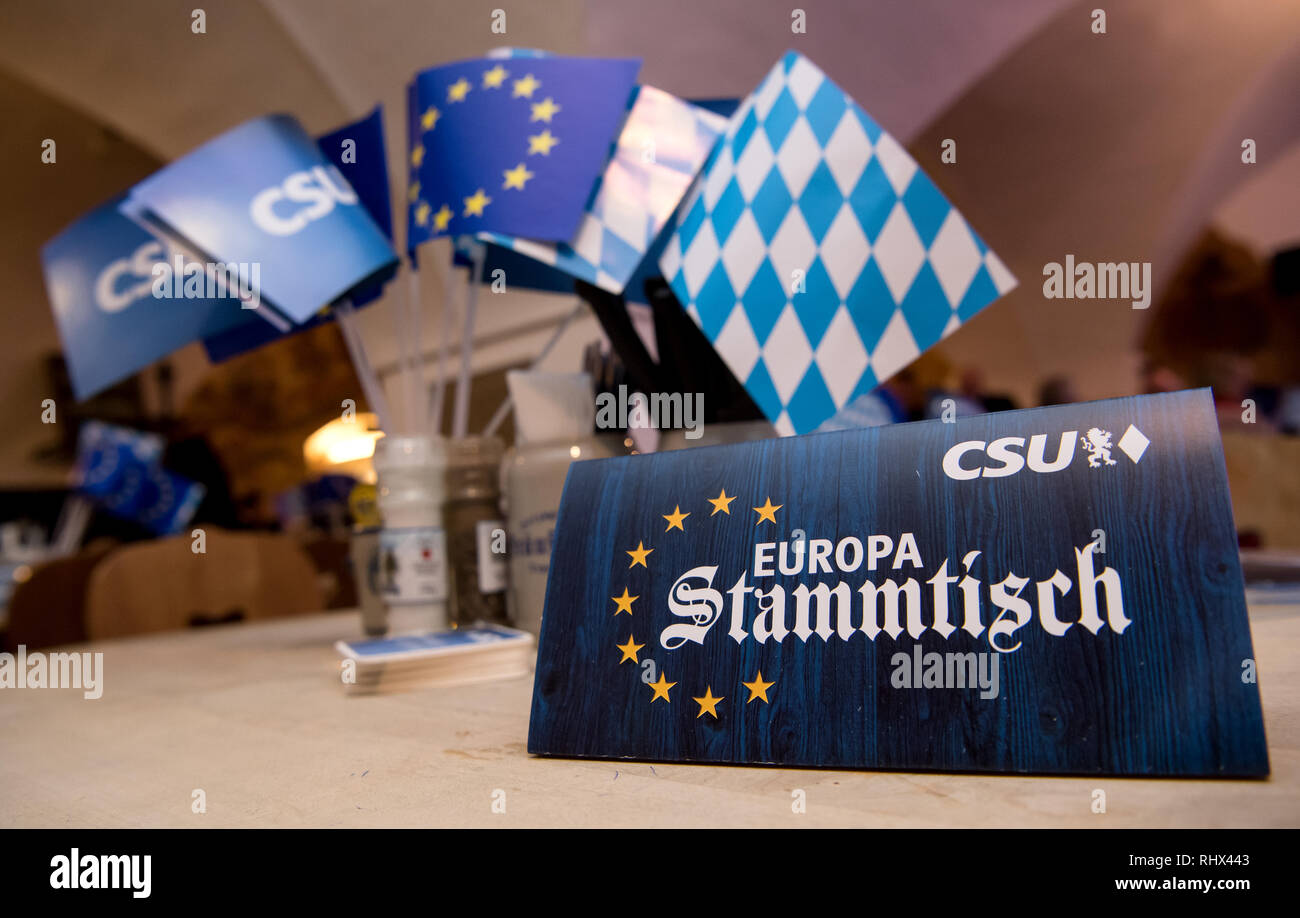 Tegernsee, Germany. 04th Feb, 2019. A sign with the inscription 'Europa Stammtisch' stands on a table before the beginning of an election campaign event of the CSU for the European elections. Weber (CSU), common top candidate of CSU, CDU and EVP, starts his 'listening tour' through whole Europe in Bavaria. He wants to hear from people what they expect from Europe. Credit: Sven Hoppe/dpa/Alamy Live News Stock Photo