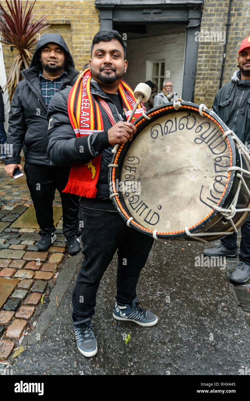London, UK. 4th February 2019. A Tamil drummer at the protest outside the Sri Lanka High Commission, saying that his was a black day for Tamils in Sri Lanka. They demand the release of all political prisoners, an independent war crimes commission, information on the missing people and return of occupied land and call for the right to self-determination of the Tamil population. They support protesters in Sri Lanka who are protesting and fasting for the release of their land. Peter Marshall/Alamy Live News Stock Photo