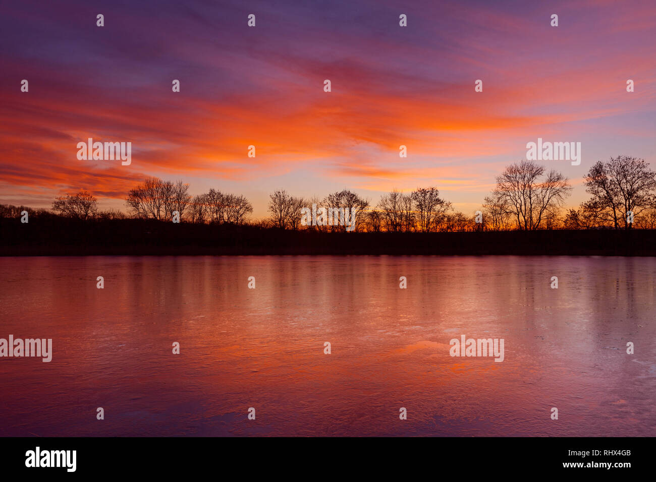 Lincolnshire Wildlife Trust Nature Reserve,  Barton-upon-Humber, North Lincolnshire. 4th Feb 2019. UK Weather: A beautiful sunset over a frozen Lincolnshire Wildlife Trust Nature Reserve in Barton-upon-Humber, North Lincolnshire, UK. 4th February 2019. Credit: LEE BEEL/Alamy Live News Stock Photo