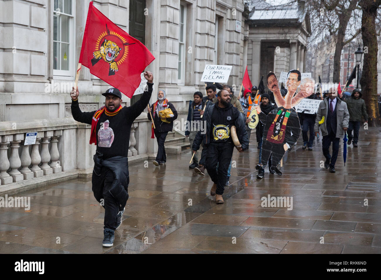 London, UK. 4th Feb, 2019. Tamils protest in Whitehall on Sri Lanka Independence Day to call for the release of political prisoners, an independent war crimes commission, information on missing people, the return of occupied land and a right to self-determination for the Tamil population. Credit: Mark Kerrison/Alamy Live News Stock Photo