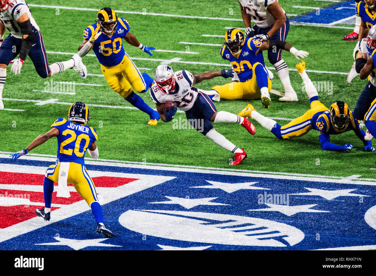 New England Patriots running back Sony Michel (26) during Super Bowl LIII between the Los Angeles Rams and the New England Patriots on Sunday February 3, 2019 at Mercedes-Benz Stadium in Atlanta, GA. Jacob Kupferman/CSM Stock Photo