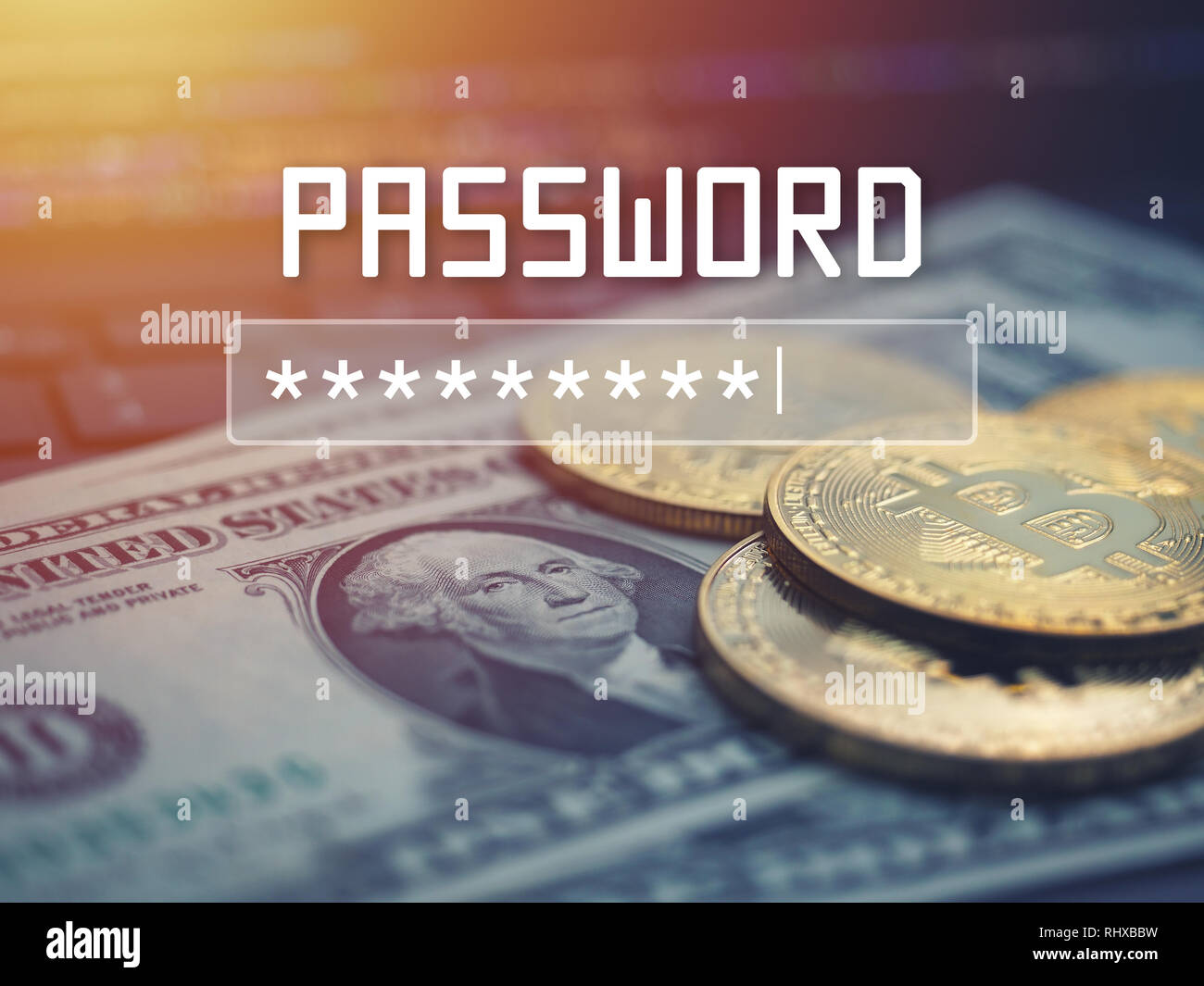 Password input on blurred background screen. Password protection against hackers. Stock Photo