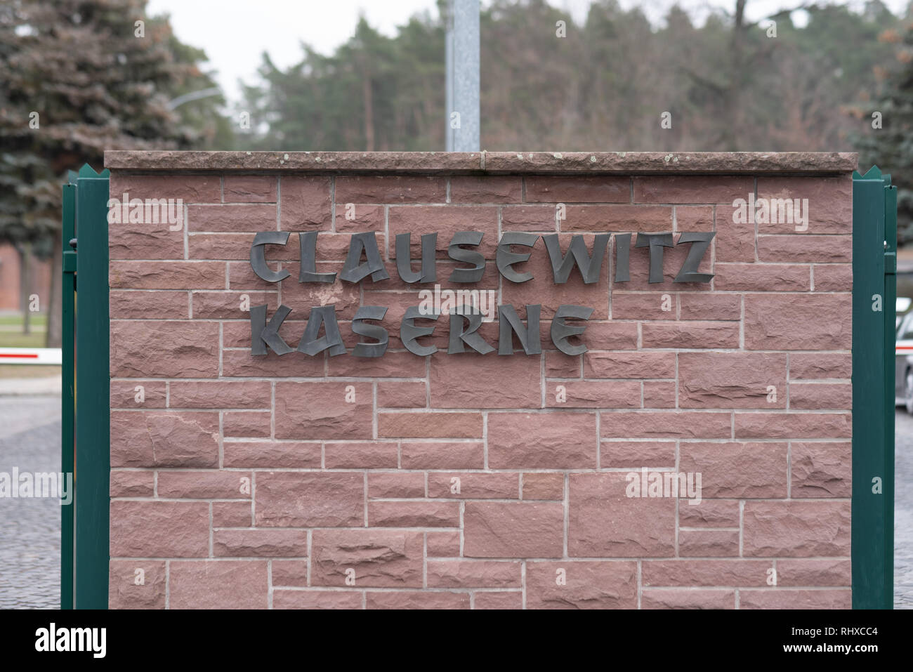 Burg, Germany - February 2, 2019: The inscription Clausewitz Kaserne is emblazoned on a wall. The barracks belong to the Bundeswehr and are located in Stock Photo