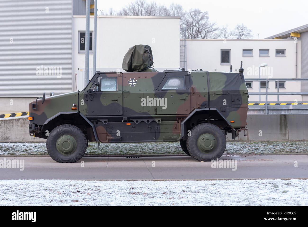 Burg, Germany - January 23, 2019: View of a protected convoy and patrol vehicle of the German Federal Armed Forces, type Dingo 1, parked at the roadsi Stock Photo