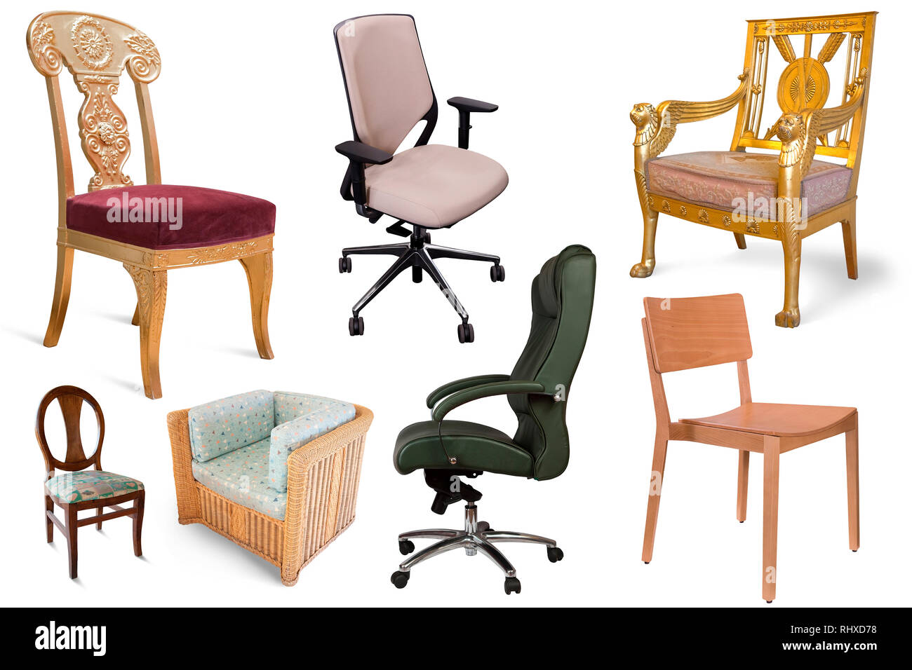 Picture of isolated different set of chairs on white background Stock