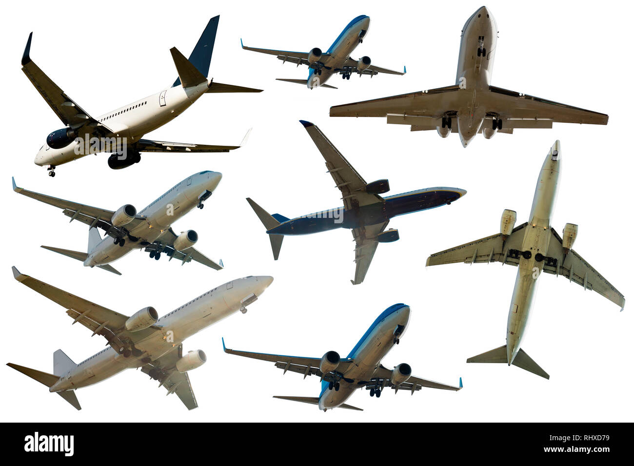 Airplanes flying, collection isolated on white background Stock Photo