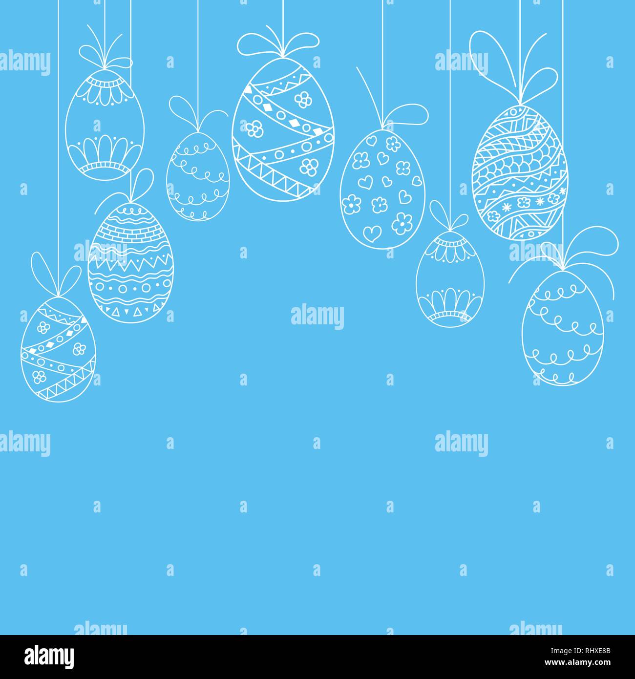Vector Easter invitation card from doodle Easter eggs. Hand drawing Easter template from white eggs on blue background Stock Vector