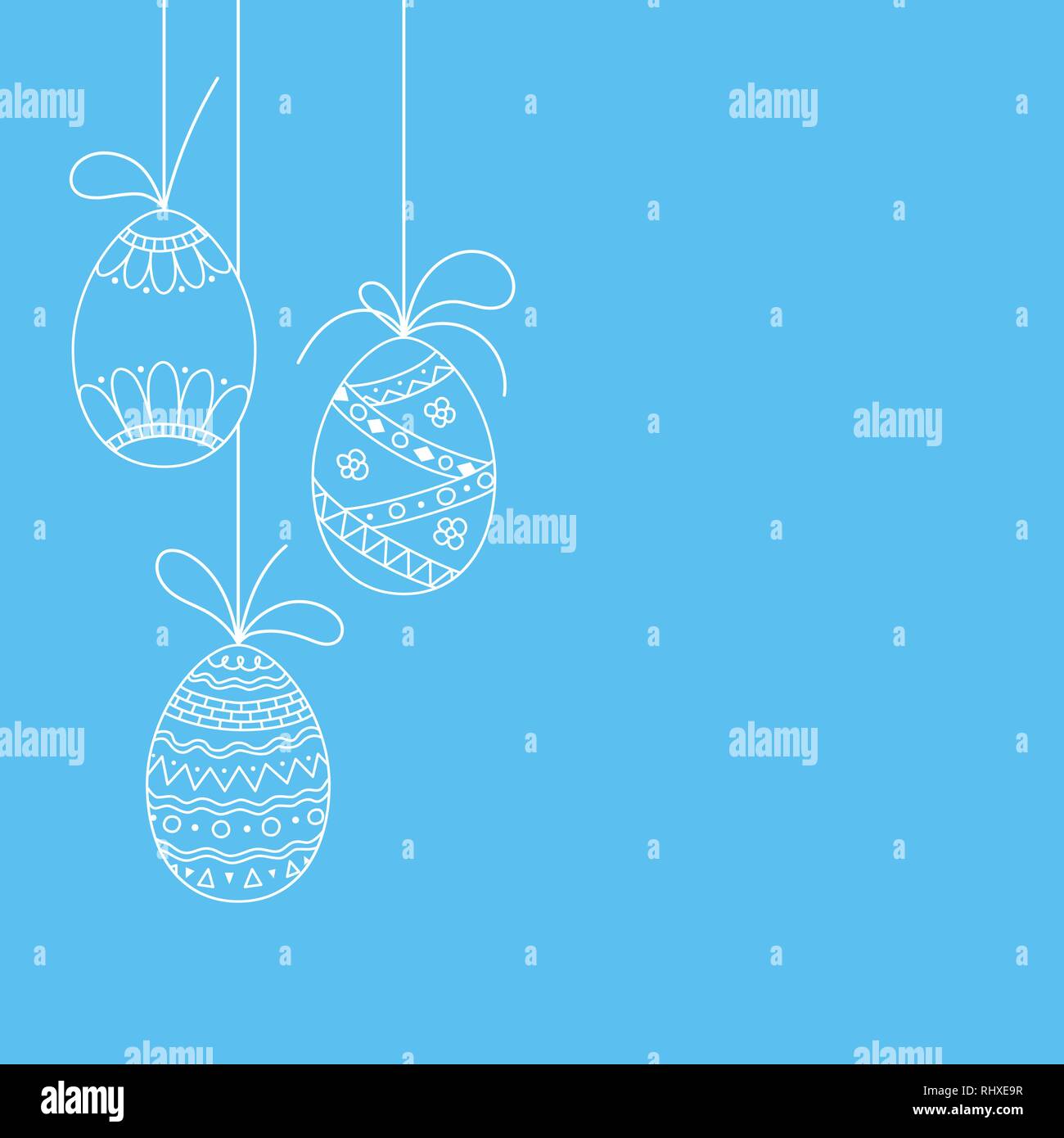 Vector Easter invitation card from three doodle Easter eggs. Hand drawing Easter template from white eggs on blue background Stock Vector
