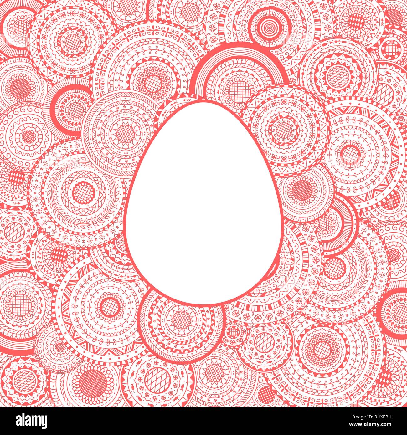 Vector frame in Easter egg shape on mandalas background. Pink Easter invitation card on white background Stock Vector