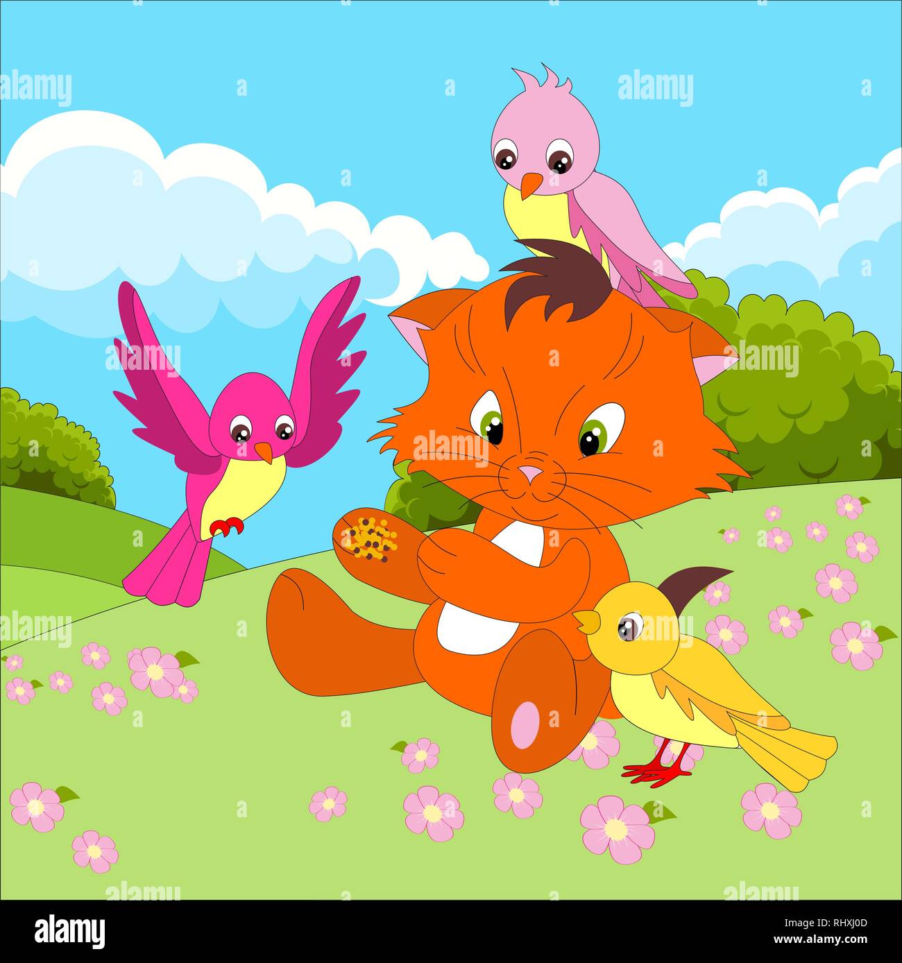 Cute cat cartoon character with birds eating from a hand on the background of a cartoon outdoors landscape, meadows Stock Photo
