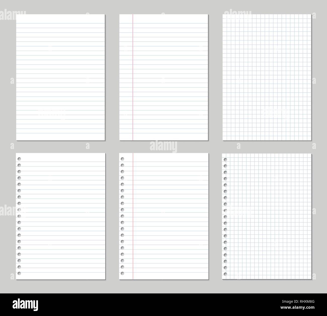 Realistic illustration of a set of paper sheets, square and lined with binder holes - Vector Stock Vector
