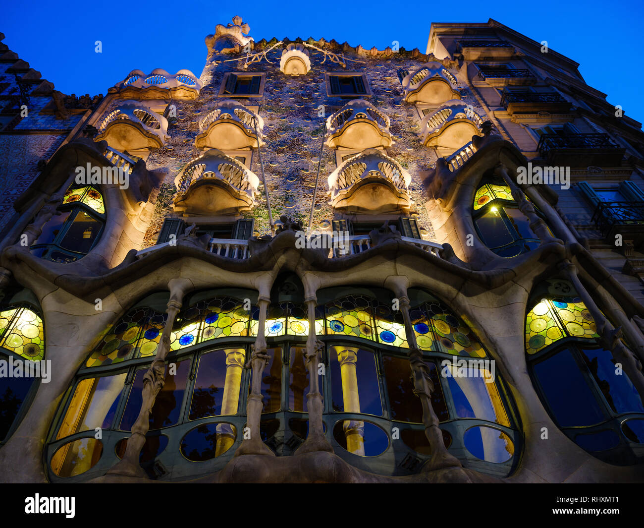 BARCELONA, SPAIN - CIRCA MAY 2018: Outside view of Casa Batlló, a famous building in the center of Barcelona designed by Antoni Gaudi. Facade View. Stock Photo