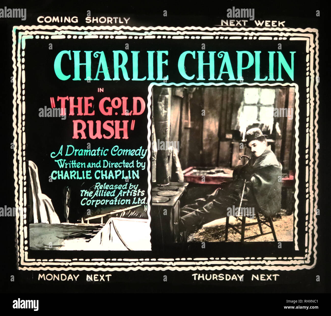 Charlie Chaplin The Gold Rush forthcoming attraction movie cinema advertisment Stock Photo