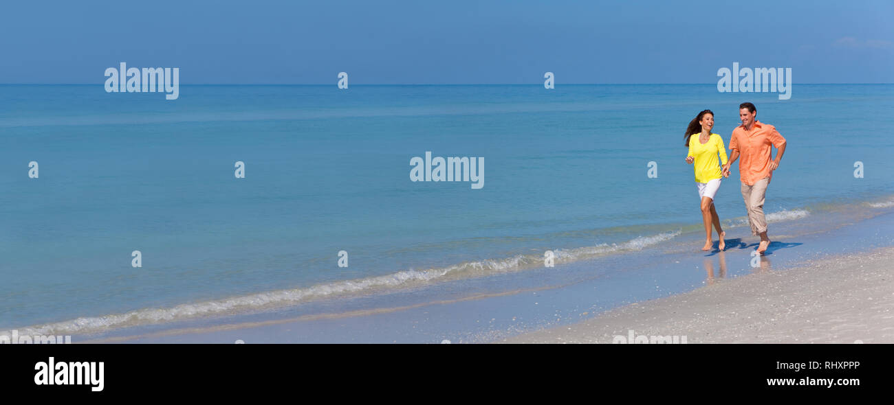 Panoramic Web Banner Man And Woman Romantic Couple Running Holding