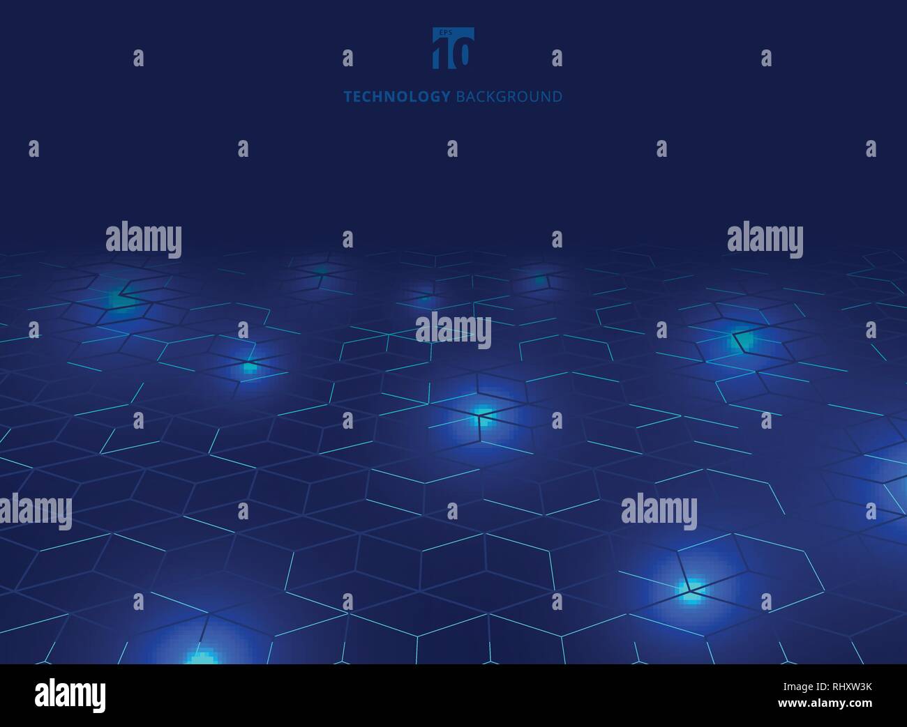 Abstract technology blue wire network futuristic wireframe data visualisation with lighting effect. Big data connection background. Hexagons pattern. Stock Vector