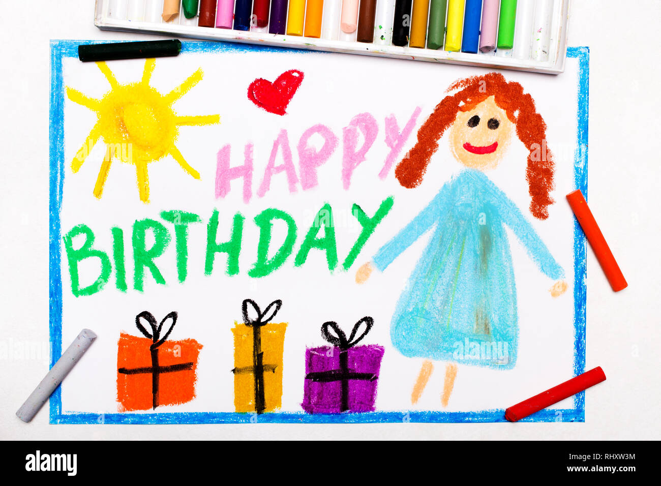 Colorful Drawing Happy Birthday Card With Smiling Girl Stock