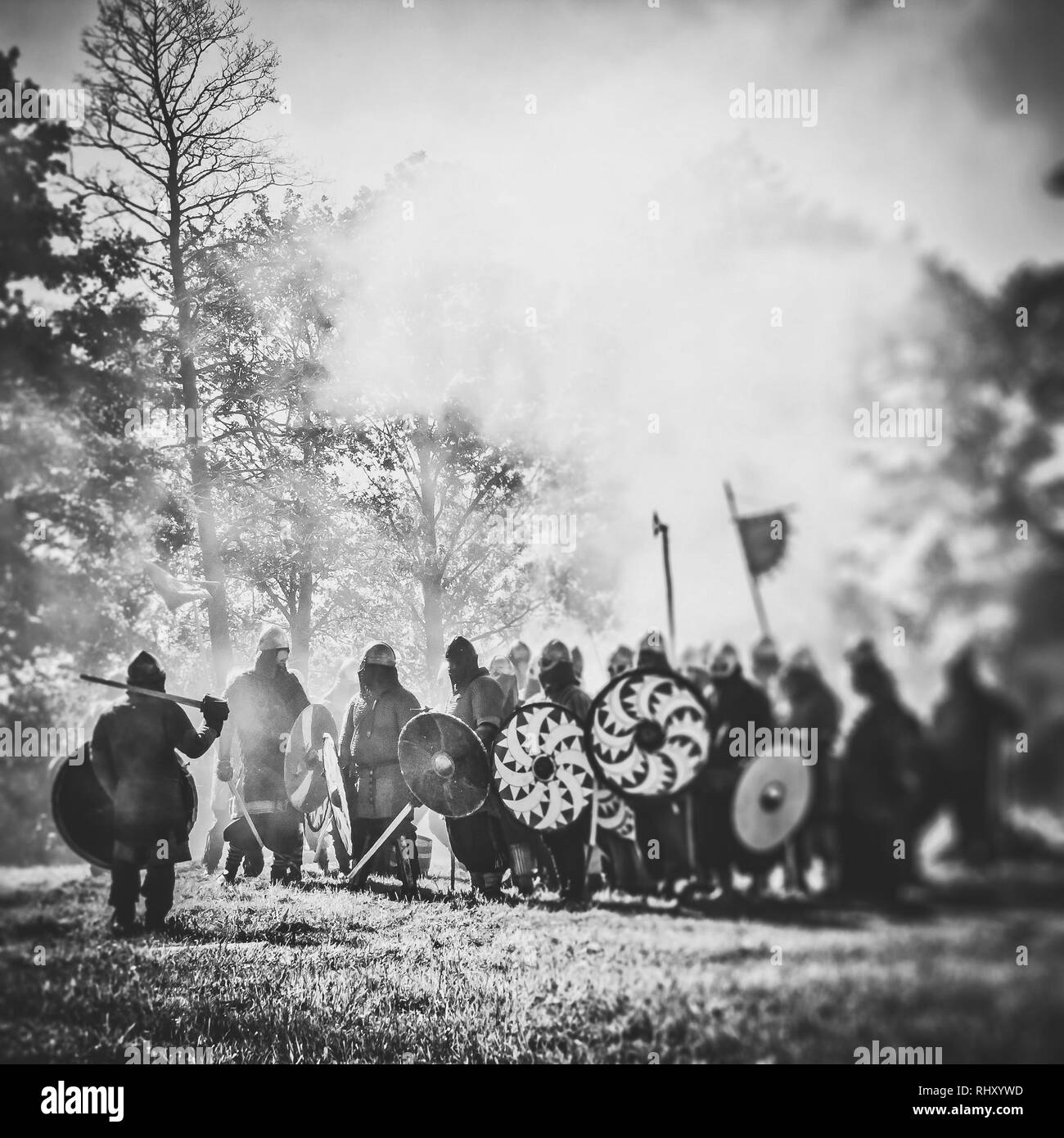Viking warband hird, warriors waiting for attack, moody shot of army before invasion and victory or valhalla, smoke in the woods in the background Stock Photo