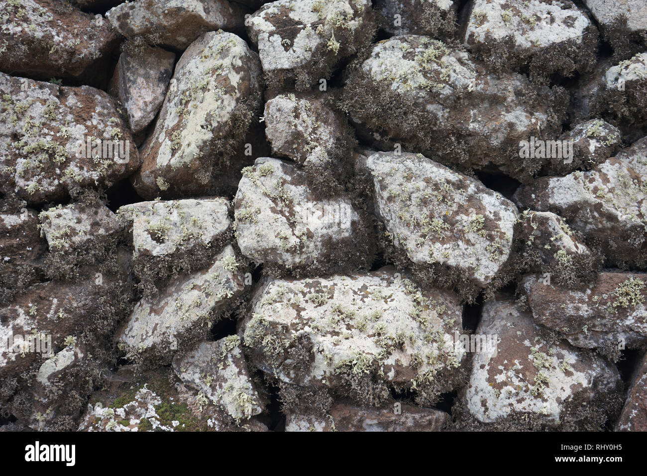 Trockenbaumauer, vulkanische Steine, mit Flechten bewachsen, Lanzarote, Kanarische Inseln, Spanien Stock Photo
