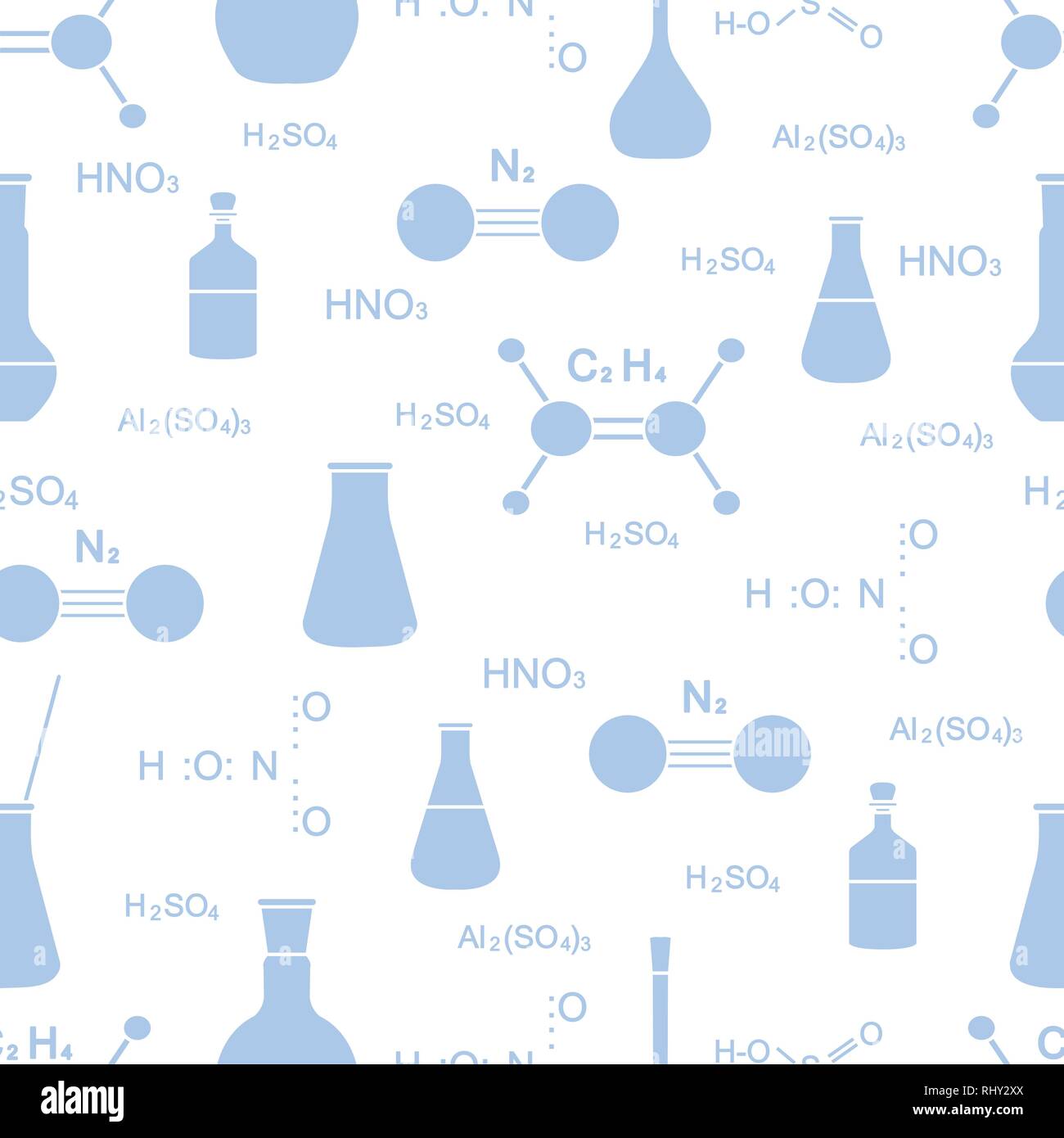 Scientific vector seamless pattern with flasks, beakers, molecule ...