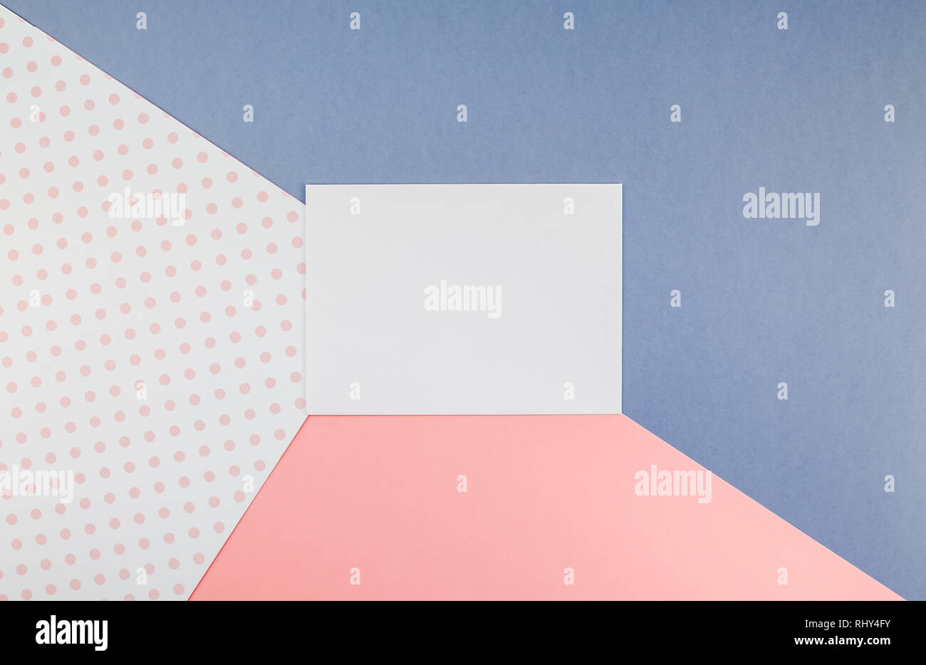 Creative top view mock up blank paper sheet pink postcard background ...