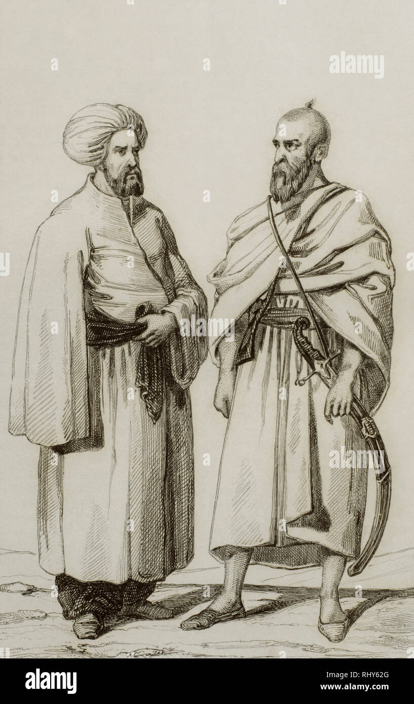 History of Arabia. From left to right: Guardian of the Sepulcher of the Prophet and Mohammedan dressed with the mantle Jeran in the days of pilgrimage. Engraving by Vernier. Lemaitre direxit. Panorama Universal. History of Arabia, 1851. Stock Photo