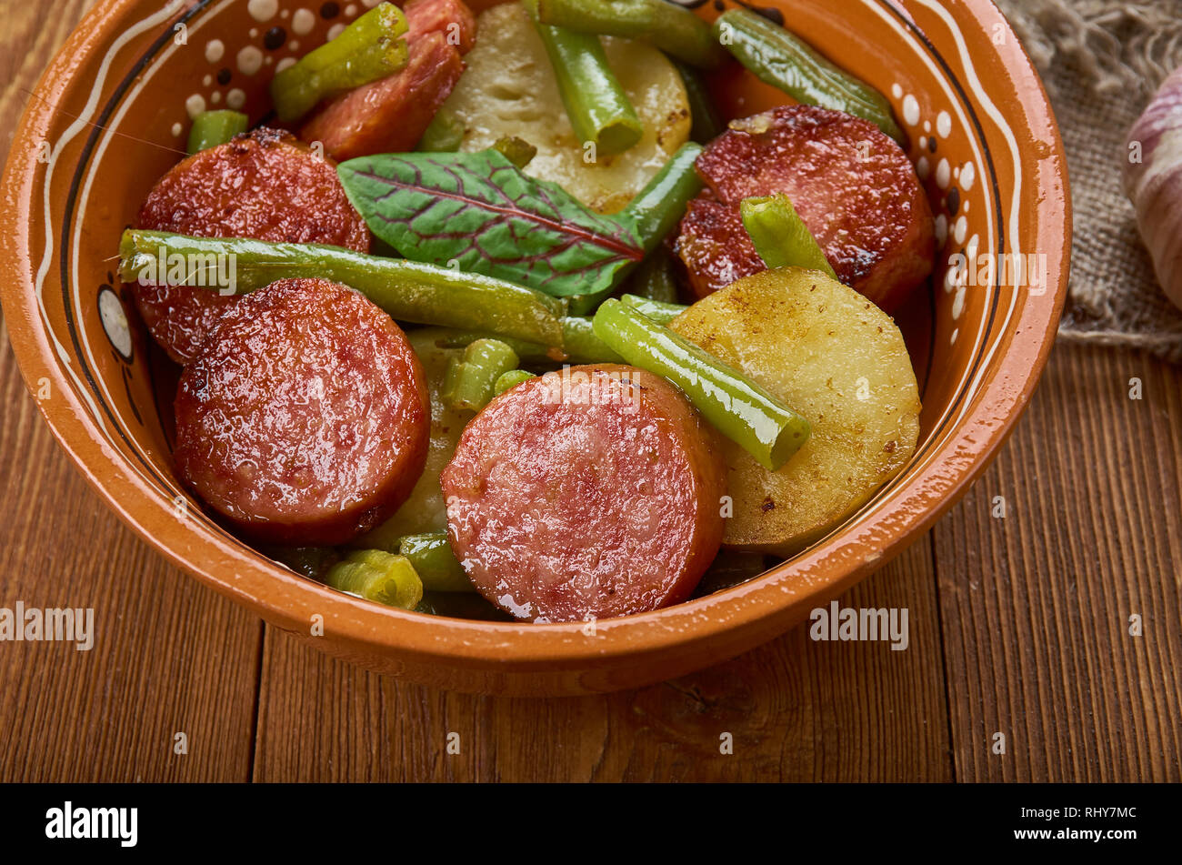 Kielbasa Green Bean and Potato Casserole, Sausage Potato Casserole Stock Photo