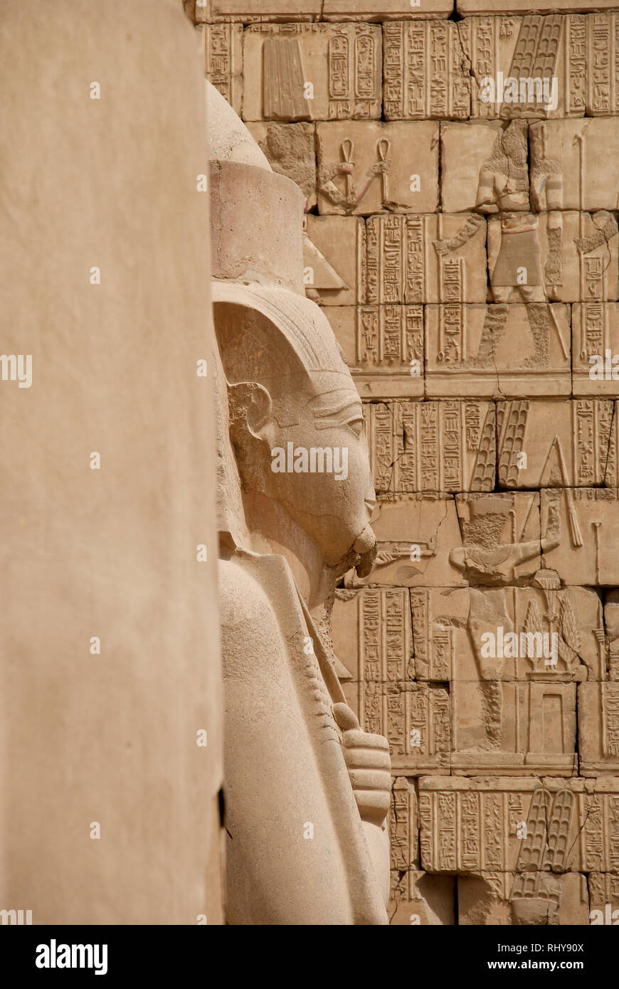 Ramses Statue with Hieroglyphes in the Temple Complex of Karnak Stock Photo