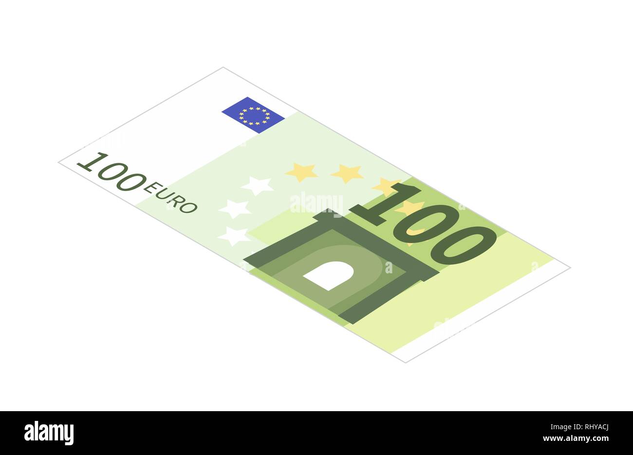 Flat one hundred euro banknote in isometric view isolated on white ...