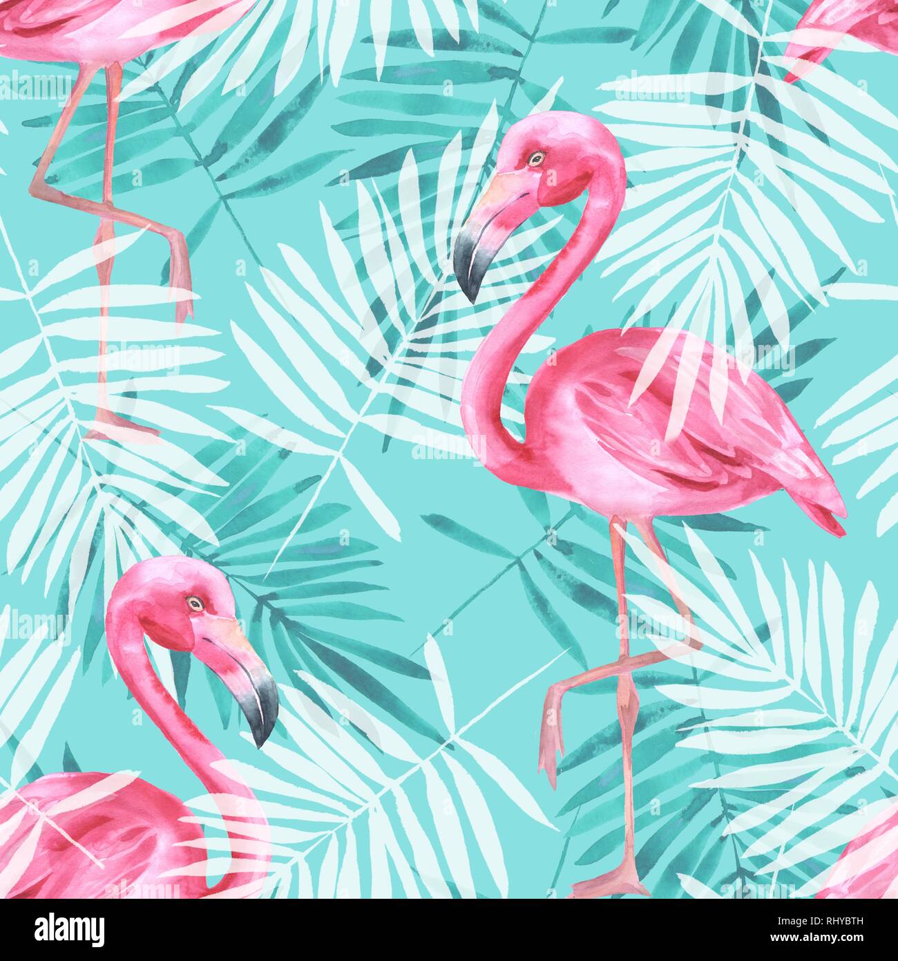 Tropical seamless pattern with flamingos and palm leaves Stock Photo ...