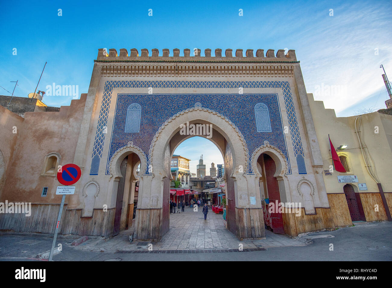 The blue Gate or the Bab Bou Jeloud (Boujeloud) in the old City in the historical Town of Fez. Entrance to the old town medina of Fes, Morocco Stock Photo