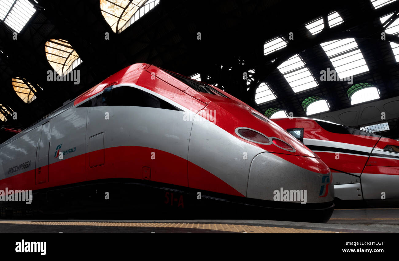 Freccia Rossa ETR 500 Eurostar high speed train at Milan Central Railway Station, Milan, Lombardy, Italy. Stock Photo