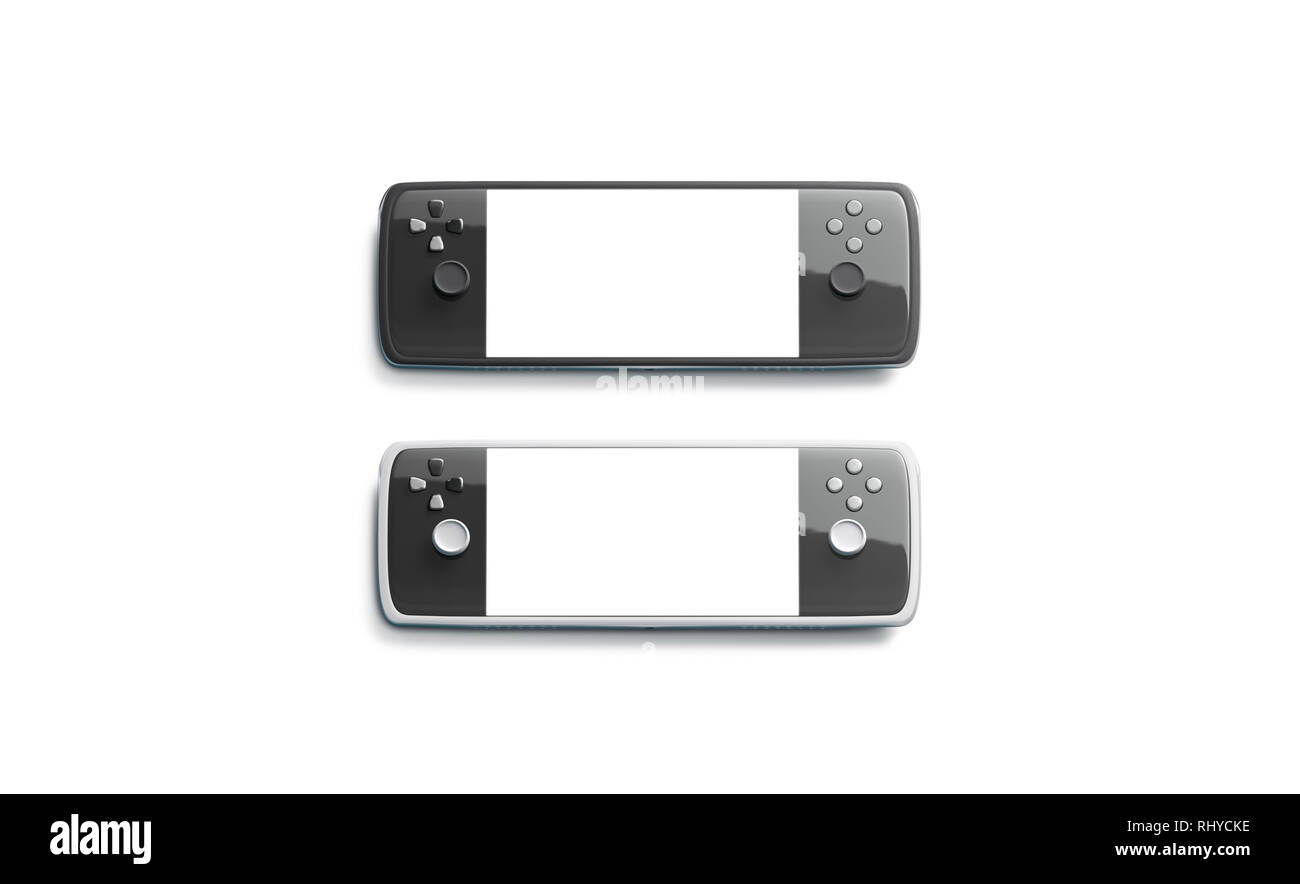 Blank black and white gaming console screen mockup set, top view, 3d rendering. Empty pc keypad mock up. Clear gamepad with button. Videogame control template. Stock Photo