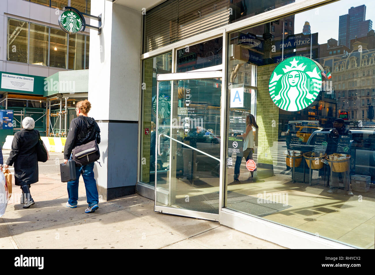 NEW YORK CIRCA MARCH 2016 entryway of Starbucks Cafe. Starbucks