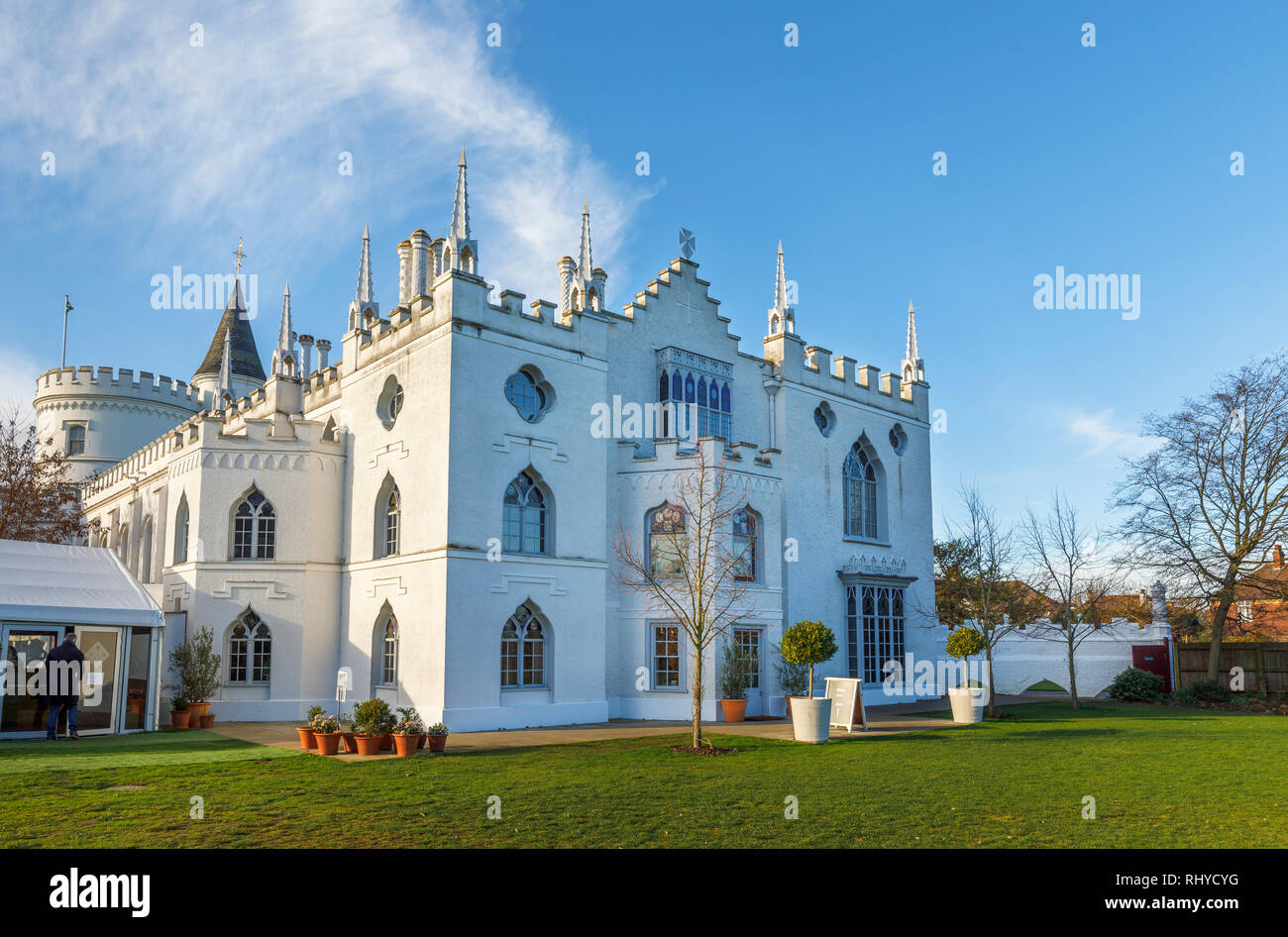 White walls of Strawberry Hill House, a Gothic Revival villa built in Twickenham, London by Horace Walpole from 1749, on a sunny day with blue sky Stock Photo