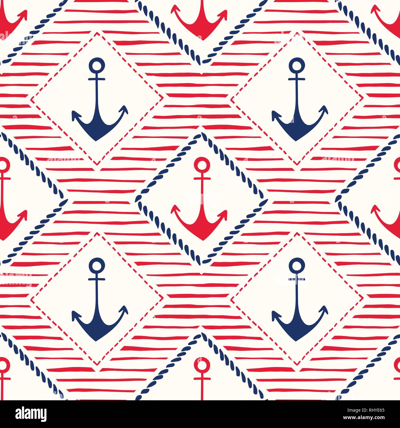 Hand-Drawn Rope Frames with Anchors and Stripes Vector Seamless Pattern ...