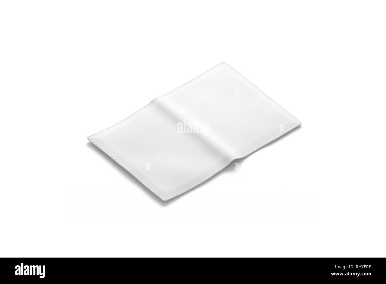 Blank white passport cover mockup, back side view, isolated, 3d rendering. Empty leather covering mock up. Clear opened pass for legal tourism. Citizen case or pocketbook template. Stock Photo