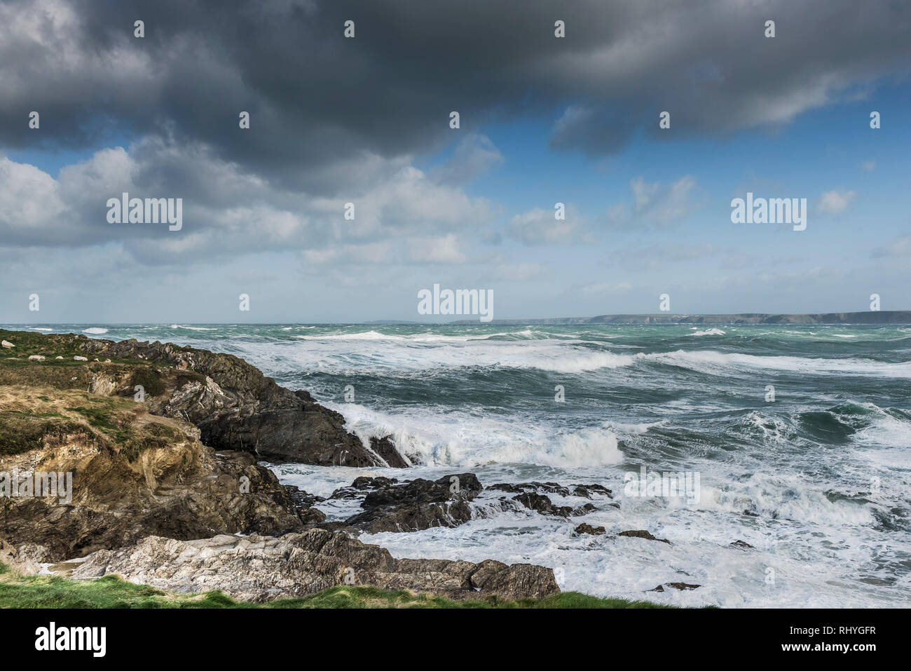 Rough sea and high winds around the coast of Newquay Cornwall. Stock Photo