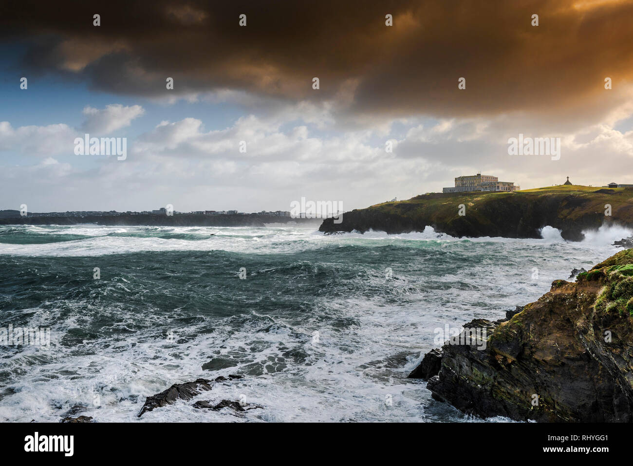 Rough choppy sea and high winds around the coast of Newquay Cornwall. Stock Photo