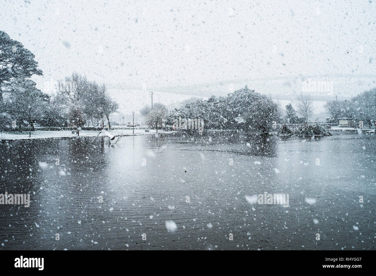 Heavy snowfall in Trenance Park in Newquay in Cornwall. Stock Photo