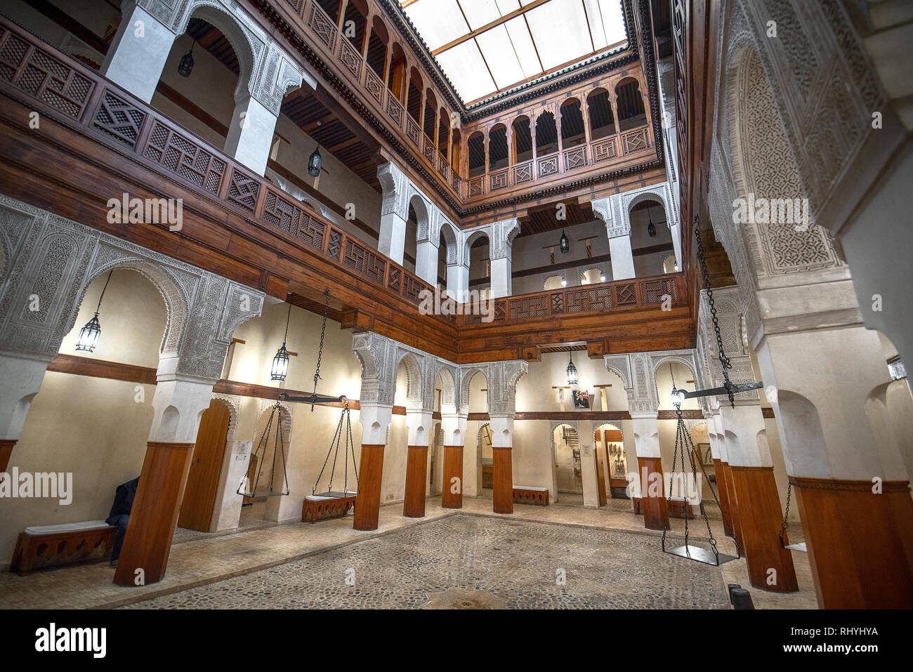 Inside interior of The historic Nejjarine Museum of Wooden Arts and Crafts is in a wonderfully restored funduq in Fes, Morocco Stock Photo